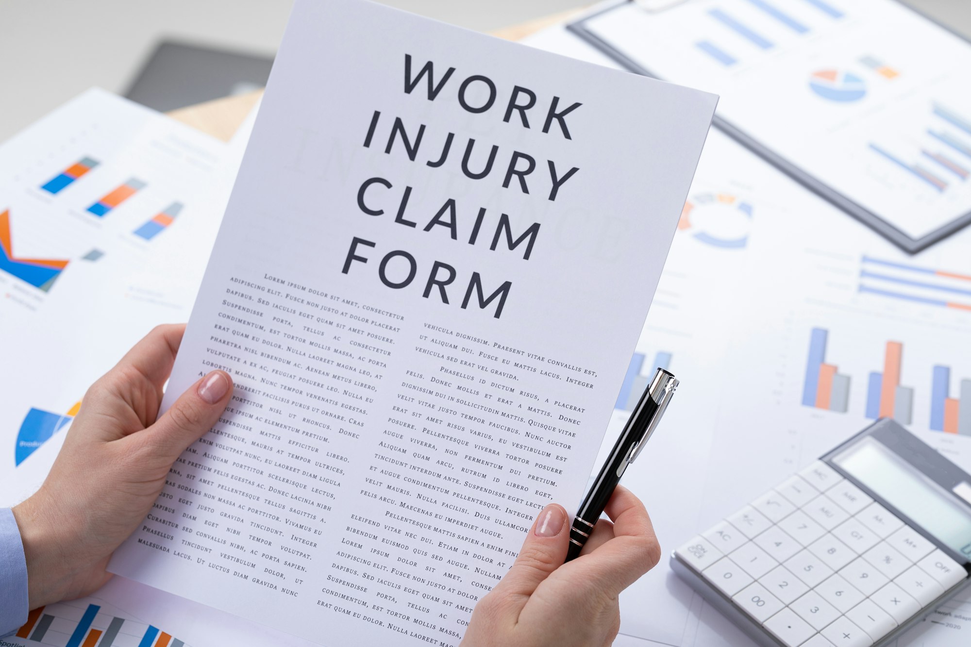 work injury claim form concept, documents on the desktop